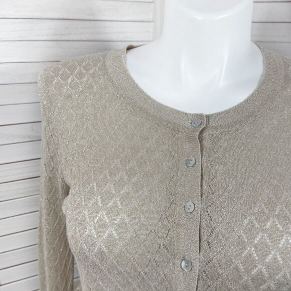 MNG Mango Pointelle Metallic Shimmer Button Up Cardigan Sweater Tan Gold Large - Picture 5 of 12